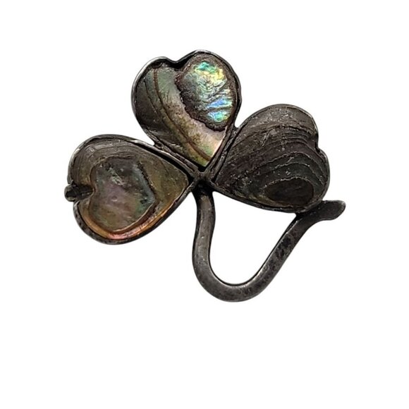 Sterling Abalone 3 Leaf Clover Pin Antique 925 C Clasp Small Silver Pin - Picture 1 of 8